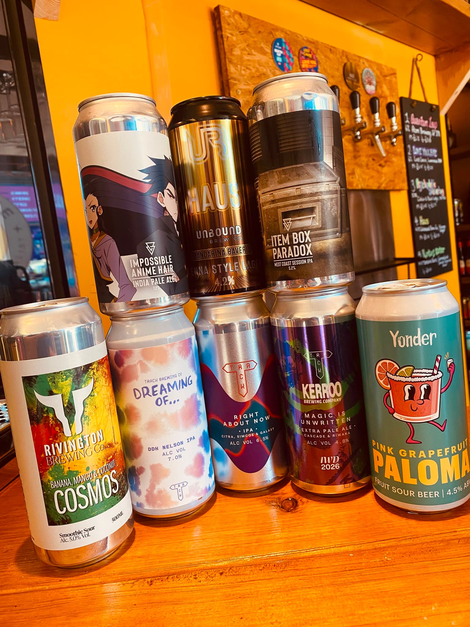 Craft beer cans on the counter